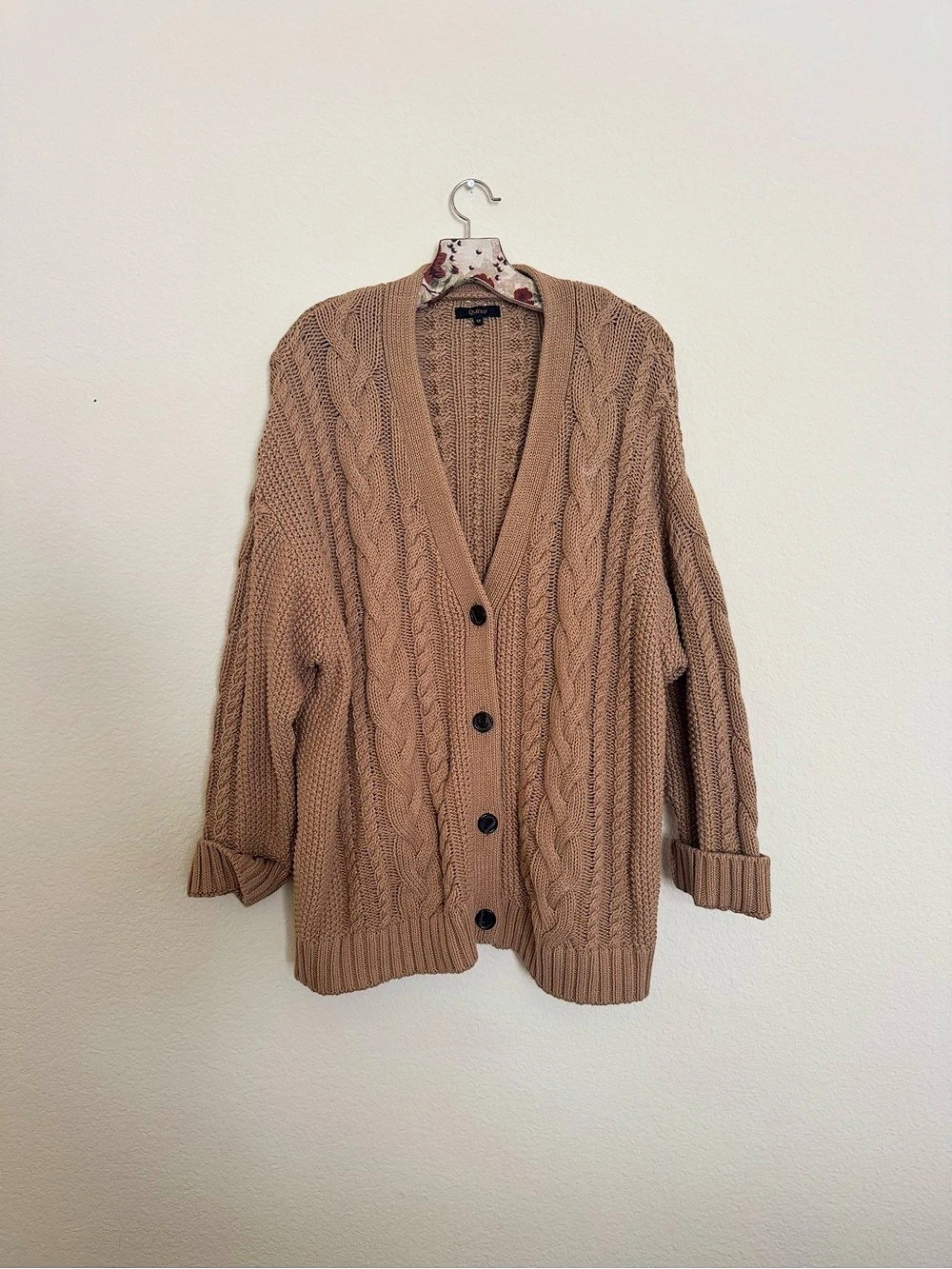Quince 100% Organic Cotton Oversized Cable Cardigan Brown Medium